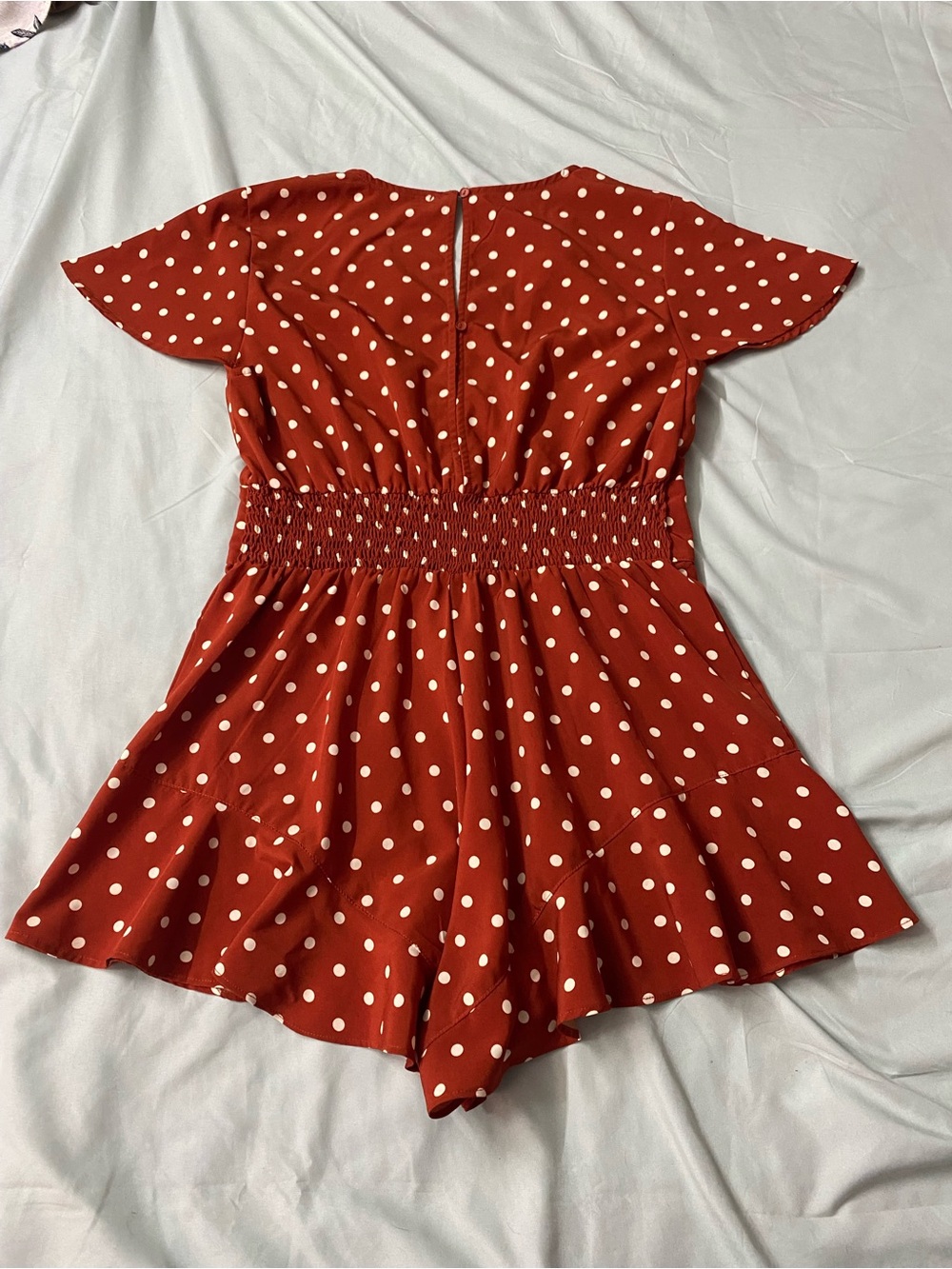 Blush Boutique Polka Dot Romper Rust Brown Ruffle Skort Inset Smocked V Neck LG - Picture 2 of 10